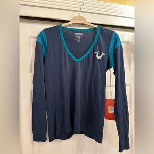 True religion, cerulean blue football, V-neck T size large